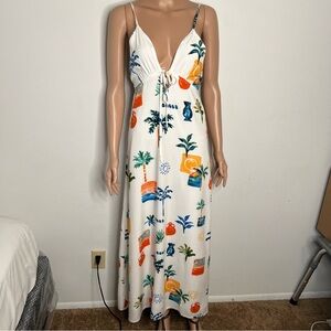 Paper Heart Women’s Maxi Dress Palms And Sun Print V-Neck Spaghetti Strap Sz  XS